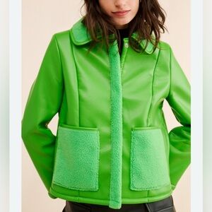 Anthropologie Find me Now Vegan Leather Kelly Faux Sherpa Green Jacket size L